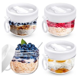 Juwacoo Overnight Oats - 4 contenitori per Cereali, con Coperchio, 600 ml / 20 oz, Bicchieri per Yogurt, contenitori per Avena, per Latte, Cereali, Yogurt,
