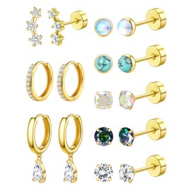 FANCH 8Pairs Hypoallergene Ohrringe Set für Damen Chirurgenstahl Creolen Ohrringe Set Teardrop Ohrringe Hängend 14K Gold Knorpel Flache Rücken Ohrring Stacks für Mehrere Piercing 20G Gold