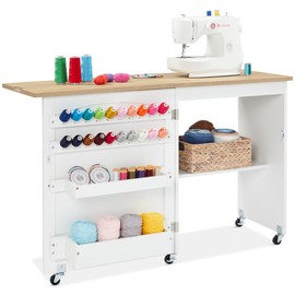 Best Choice Products Best Choice Products Folding Sewing Table Multipurpose Craft Station & Side Desk with Compact Design, Wheels, Shelves, Storage Trays, Pegs, Magnetic Doors, Metal Doorknobs - Natural/White