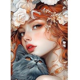 AIRDEA Diamond Art Painting Kits for Adults,5D Diamond Dots Kits for Beginner,Peinture Diamant Kits 30x40cm,Cat and Girl,Round Full Drill