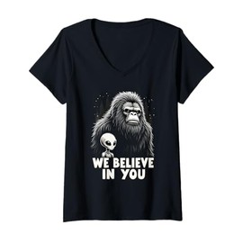 Womens Funny Cryptid Bigfoot Alien We Believe in You Forrest Find V-Neck T-Shirt
