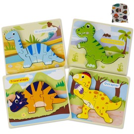 4Pcs/6Pcs Dinosaurs Wooden Puzzles for Kids Over 3 Years Old 3D Animal Wood Jigsaw Puzzles Montessori Toddler Game Set Early Learning Preschool Educational Toys Gifts for Kids Toddlers Boys Girl