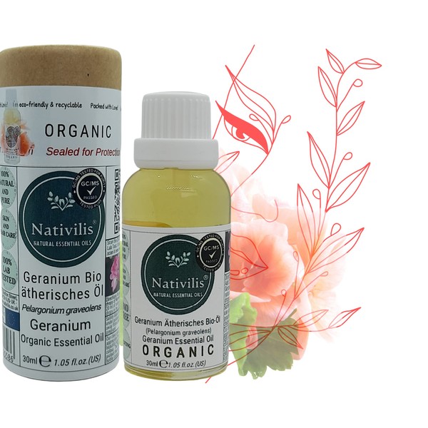Nativilis Organic Geranium Essentientiële Olie (Pelargonium graveolens) - Therapeutic Voordelen - Anti-Mould Anti-Vial - Antioxidant Anti-Ageing Properties Copaiba Aromatherapy