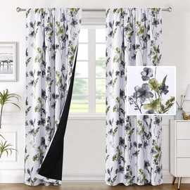 H.VERSAILTEX 100% Blackout Curtains for Bedroom Cattleya Floral Printed Drapes 84 Inches Long Leah Floral Pattern Full Light Blocking Drapes with Black Liner Rod Pocket 2 Panels, Grey/Olive