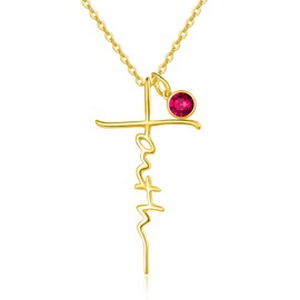 JIYVY32 Faith Necklace for Women 14k Gold Faith Cross Pendant Necklaces for Women Mom Mother Birthstone Jewelry Christian Confirmation Gifts Created Ruby Necklace July Birthstone Necklaces
