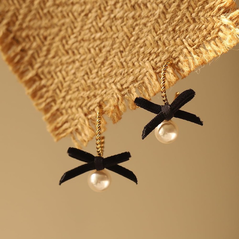 Black Velvet Bow Pearl Dangle Drop Huggie Hoop Earrings Studs