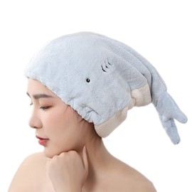 JK Home Women Microfiber Hair Drying Wrap Towel Cap, Fun Cute Cartoon Shark Super Absorbent Coral Velvet Hair Turban Quick Dry Towels for Wet, Long, Thick Hair