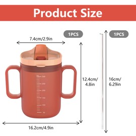 BDHYYM Sippy Cup for Seniors 300 ml, Leak-proof Drinking Cup with Double Handle & Straw, Sippy Cup for Elderly, Sippy Cup Adult with Lid, Drinking Reminder Capacity Marking
