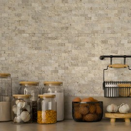 SUNWINGS 5-Sheet Peel and Stick Mosaic Natural 3D Stone Self Adhesive Travertine Tiles, 10.63" x 11.22" Stick on Backsplash for Kitchen Bathroom Fireplace Vanity, Beige