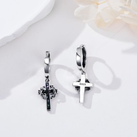 QHQPQ Cross Earrings for Men 925 Sterling Sliver Abalone Dangle Hoop Earrings Crown of Thorns Jewellery Catholic Gifts for Women
