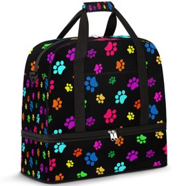 Colorful Dog Paw Print Foldable Travel Duffel Bag Tote, Dog Cat Paw Print Lightweight Luggage Sports Gym Bag with Shoes Compartment Weekender Overnight Bag for Women & Men
