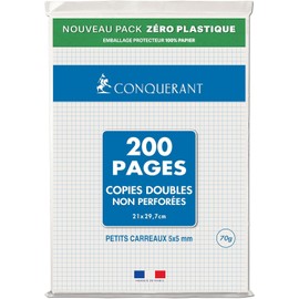 Conqueror A4 Single Sheets Perforated 90gsm 200 pages Unpunched Copy 5x5 Copies Doubles non perforées Conquérant - 200 pages A4 70g - Petits carreaux 5x5 - Perforation 9 trous - Fabriqué en Normandie, France