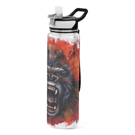 ALAZA King Kong Furious Sport Water Bottle with Straw Lid 32 oz Clear Bottle BPA Free Tritan Plastic Leakproof Jugs Large Flip Top for Kids Boys Girls