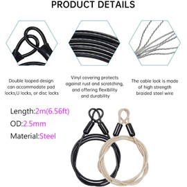 Stainless Steel Safety Cable Lock, Outdoor Clothesline, Outdoor Travel Security Cable Lock, 6.5ft 2.5mm Braided Steel Coated Safety Cable Luggage Lock, Safety Cable Wire Rope Double Loop Lightweight