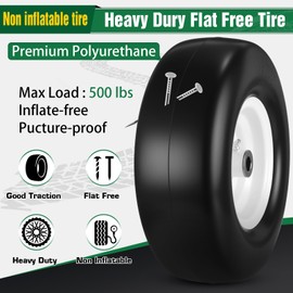Datanly 2 Pcs 13 x 5.00-6" Flat Free Lawn Mower Tires on Wheel with 3/4" & 5/8" Grease Bushing Zero Turn Mower Front Tire Solid Smooth Wheel Assemblies for Lawn Garden Turf, 3.25"-5.9" Centered Hub