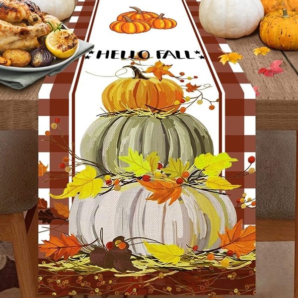 Thanksgiving Pumpkin Maple Leaves Buffalo Plaid Fall Table Runner,Seasonal Autumn