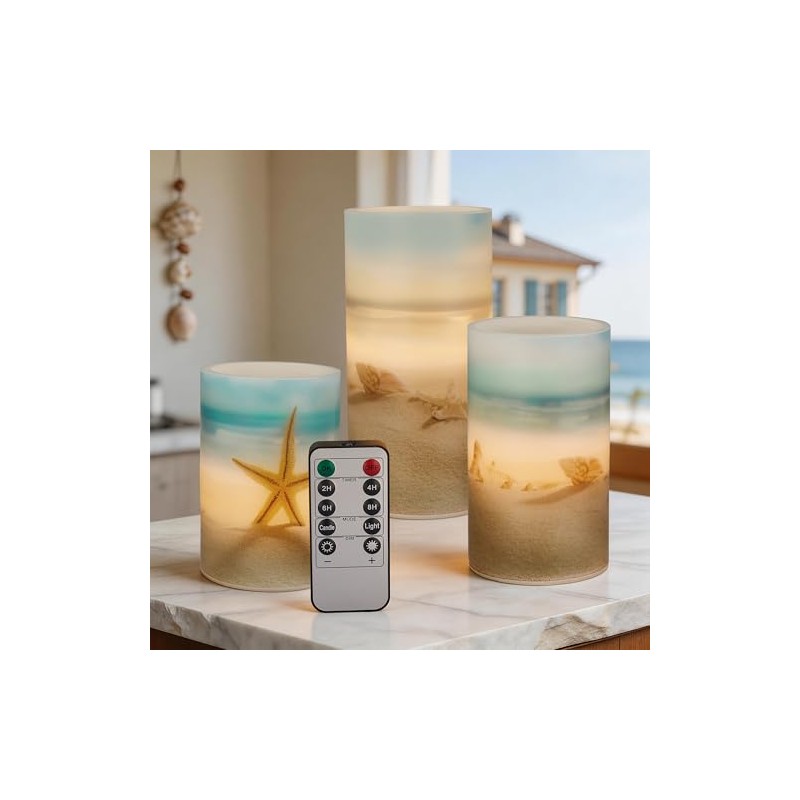 Beach Flameless LED Candles with Remote - Set of 3