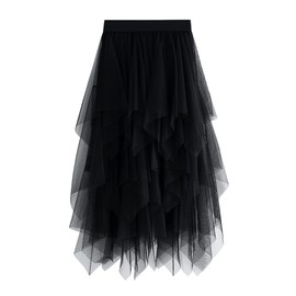 Women’s Tulle Skirt, Elastic, High Waist, Floral Print, Graded, Layered, Irregular Mesh, Ballet, Prom, Parties, Tulle Tutu, Midi Skirt, A-Line, B-black