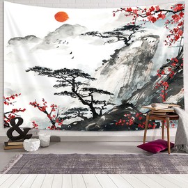 JAWO Cherry Blossom Wall Tapestry, Japanese Nature Landscape for Living Room (60x40 inch, Grey)