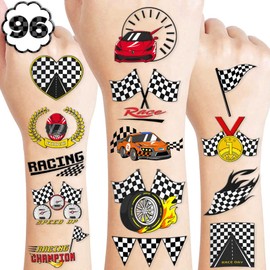 96 PCS Checkered Flag Race Car Pre-Cut Temporary Tattoos for Kids | Super Cute Themed Birthday Party Favors, Supplies, Decorations, Fake Tattoo Stickers, School Rewards Prizes & Gifts Boys & Girls