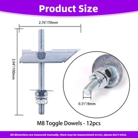 Swpeet 12Pcs Heavy Duty M8×100mm Plasterboard Fixings Toggle Bolts Drywall Anchors, Tiltable Plasterboard Wall Plug Kit, Tilt Pins with Washer and Nut Folding for Hanging Heavy Items on Drywall