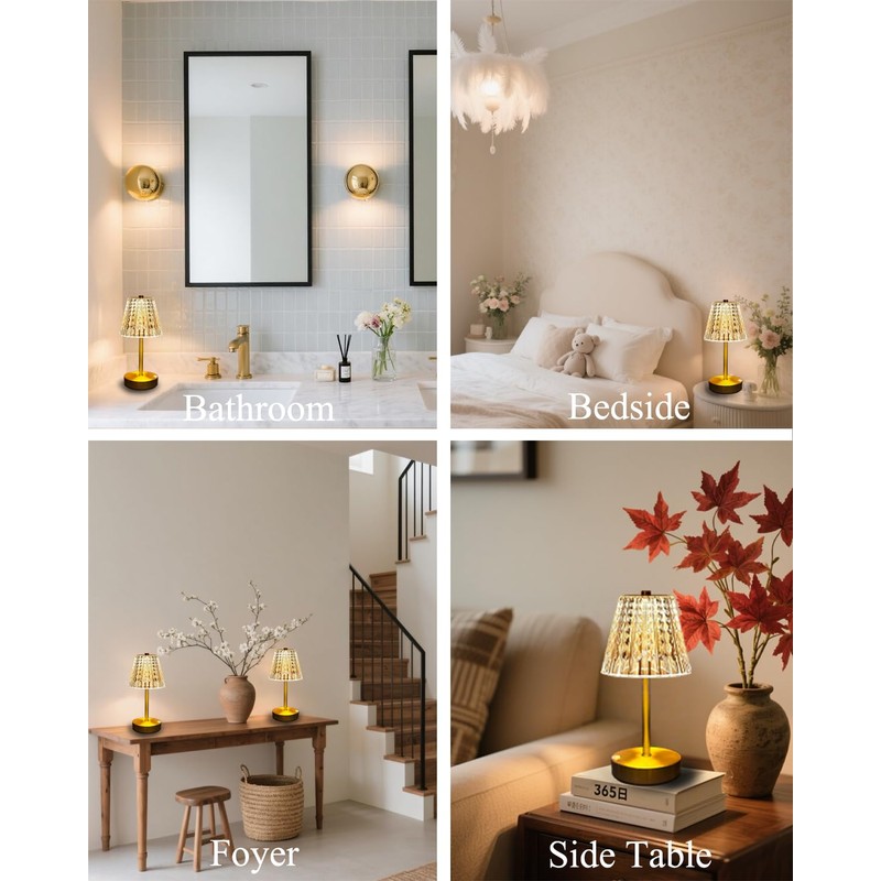 Gold Cordless Table Lamp Rechargeable,5000mAh Battery Operated Lamps,Mini Small Crystal