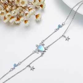 HPQQ Sea Turtle Anklet for Women 925 Sterling Silver Moonstone Turtle Beach Anklet Ocean Summer Jewelry Gifts for Women