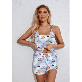 Ekouaer Womens Cami Pajama Set Sleeveless Racerback Tank Top Pjs Soft Sleepwear Blue Striped Teddy Bear Medium