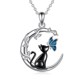 Black Cat Moon Necklace With Butterfly Pendant for Women - Cat Lover Gifts - Small Jewelry