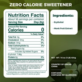 Lesweet Monk Fruit Sweetener with Erythritol, Monk Fruit Extract, 1:1 White Sugar Substitute, Zero Calorie, Keto Friendly, Non-GMO, Perfect for Coffee & Baking, 16 oz (Pack of 1)