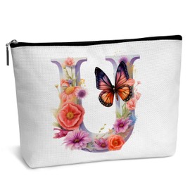 heiyihe Letter Makeup Bag Flower Letter Toiletry Pouch Letter U Cosmetic Bag Initial Makeup Bag Birthday Gifts for Women Mom Bride Bridesmaid Cosmetic bag-B20
