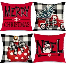 AACORS Christmas Pillow Covers 20 x 20 Inch Set of 4, Buffalo Polka Dots Bowknot Snow Tree Merry Xmas Decorations Holiday Farmhouse Winter Throw Pillow Cases Decor for Sofa Couch AA272-20