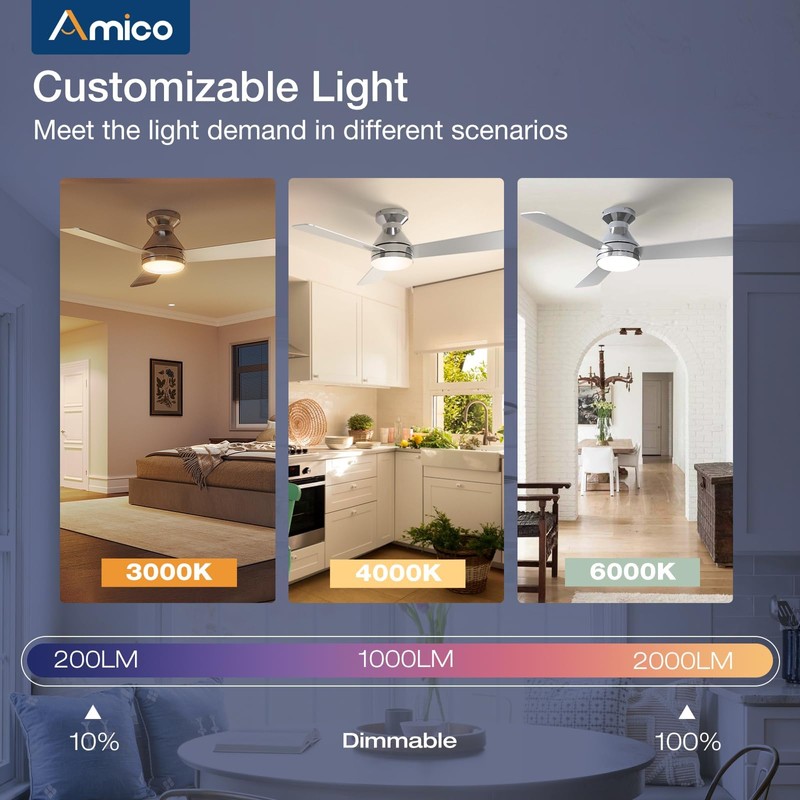 Amico Ceiling Fans with Lights, 42 inch Low Profile Ceiling