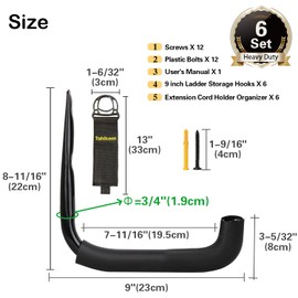 Tahikem 6 Set Garage Hooks Wall Mount, 9 Inch Large Wall Hook, Utility Storage Hook, Extension Cord Hanger, Heavy Duty Garage Hooks, Wall Hooks for Hanging Ladder Mowers Cable Bracket - Black J Hooks