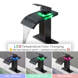 Qeemee LED Waterfall Bathroom Sink Faucet, Bathroom Faucets 3 Colors Changing Glass Spout with Water Supply Hose, Oil Rubbed Bronze Single Handle Brass Basin Mixer Tap Lavatory Vanity Sink Faucet