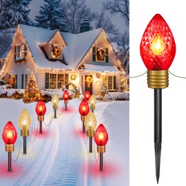 Minetom Jumbo Lights C9 Christmas Pathway Lights Outdoor - 2 Pack 10.5 Feet 5 Lights C9 Walkway Lights, C7 Lights Covered Jumbo Multicolor Light Bulb Decorations for Lawn Outside, Red ＆ Warm White