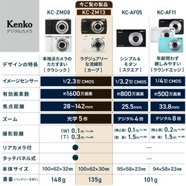 Kenko 446782 KC-ZM13 WH Compact Digital Camera, 5x Optical Zoom, Effective Pixels: Approximately 16 Million Pixels, 2.7-inch IPS Touch Panel Monitor, Selfie Sub-Camera, Compact Design, White