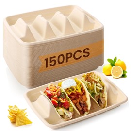 FELISTORY 150 PCS Disposable Taco Holders, 3-Slot Bagasse Pulp Taco Plates, Plant Fiber Taco Stands with Dividers, Taco Tuesday Serving Trays for Tacos, Sandwiches, Hot Dogs, Pancakes