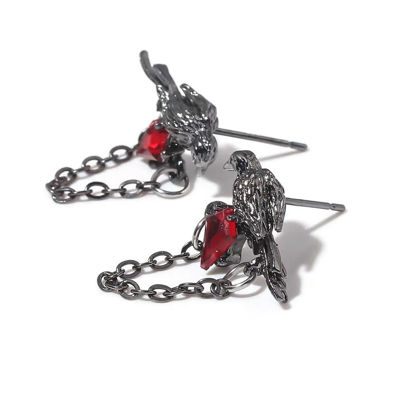 Gothic Black Crow Earrings for Women Red Rhinestone Raven Earring
