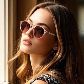 CARFIA CA5266 Women's Polarised Sunglasses 100% UV400 Protection Round Frame Retro Tortoiseshell Anti Glare Glasses, C08 Transparent Pink Frame Brown Gradient Lenses, M