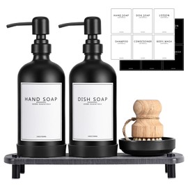 NEECZS Kitchen Soap Dispenser Set with Instant Dry Tray,16 Oz Hand and Dish Soap Black Glass Dispenser Set,Stainless Steel Pump,Waterproof Labels&Dish Brush,Luxury Soap Bottle for Kitchen,Bathroom