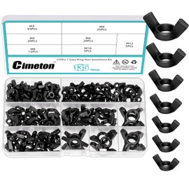 Cimeton 135PCS Wing Nuts Assortment Kits Carbon Steel M3 M4 M5 M6 M8 M10 M12 Black Butterfly Nut Wing Nuts Fasteners Wingnuts Hand Twist Tighten Ear for Home Building Industry