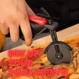 Motorbike Pizza Cutter, Stainless Steel Pizza Wheel & Spatula Server, Creative Gift for Pizza Lovers & Motorcycle Enthusiasts, Novelty Kitchen Tool, 1 Black & Red Cutter and 1 Grip & Flip Spatula