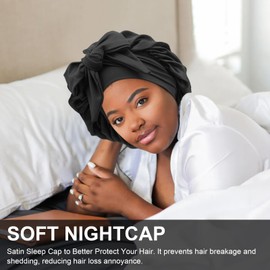 DRESHOW Satin Braid Cap for Women Silk Hood for Sleeping Sleep Cap with Elastic Band Night Cap for Long Curly Hair Locs, 1 x sleep cap: 10 black