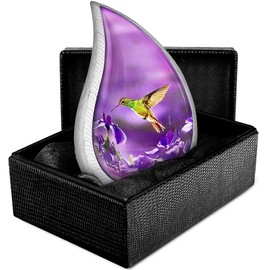 Trupoint Memorials Small Urns for Human Ashes Keepsake, Decorative Mini Cremation Urn for Adult Men & Women – Small, Purple Hummingbird Teardrop