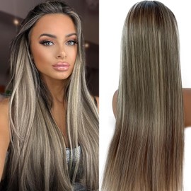 Valiilo 13x6 HD Lace Front Wig Human Hair Balayage Highlight 180% Density 32 Inch Free Part Ombre Brown to Ash Brown Human Hair with 613 Blonde Highlights Wig Pre Plucked