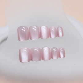 Light Pink Press on Nails Short Square Fake Nail Glossy False Nails with Gradient Designs Acrylic Nails Full Cover Stick on Nails for Women 24 Pcs