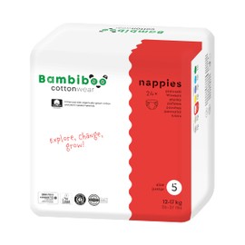 Bambiboo Baby Nappies Size 5 Junior (12-17 kg) - COTTONWEAR - Baby Disposable Nappies with Organic Cotton and Vegetable Materials with Moisture Indicator - Pack of 24