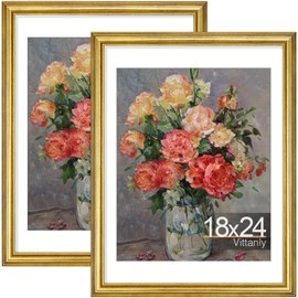 Vittanly 18x24 Picture Frames Set of 2, Ornate Vintage Photo Frame for Wall Mount, Display 16x20 Pictures with Mat or 18x24 without Mat, Rustic Gold