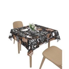LOVE HOME DAY Square Waterproof Tablecloth Cartoon Theme Coffee Cup Beans Table Clothes Cover Brown Black Spill Proof Kitchen Dining Tabletop Covers for Holiday Party, Camping